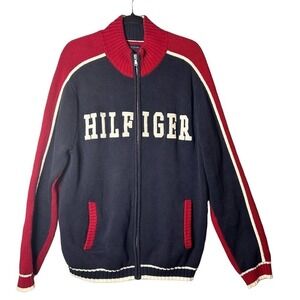 Tommy Hilfiger Sweater Mens‎ Large Blue Red Embroidered Spell Out Full Zip VTG